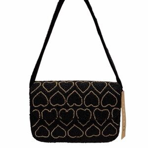 Studio12 Handmade in India Black and Gold Beaded Hearts Shoulder Bag
